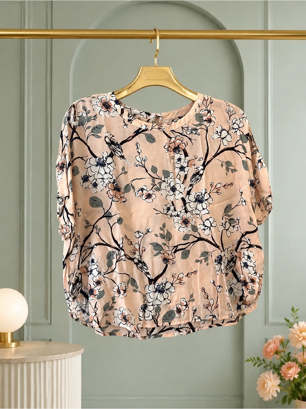 Lucky Brand Bird & Blossom Print Blouse Pink Floral Boho Top Small